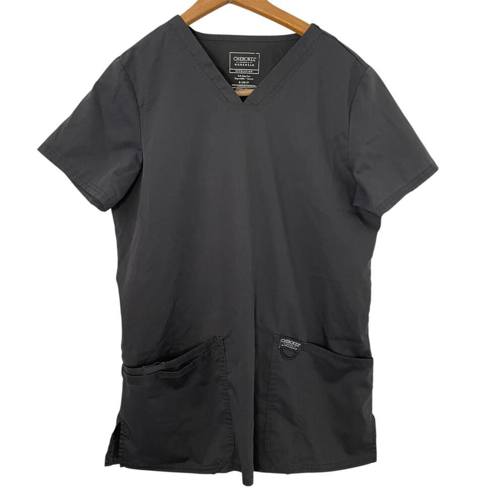 Cherokee Charcoal Gray Scrub Top Womens Sz S V-Neck Front Pockets Nurse Medical